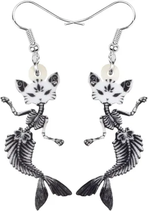 Acrylic Halloween Black Mermaid Earrings Weird Fish Bone Skull Cat Dangle Funky Gothic Jewelry for Women