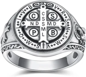 ADMETUS 925 Sterling Silver St Benedict Rings Exorcism Saint Benedict Ring Medalla de San Benito Jewelry Protection Religious Gifts for Men Rings Size 6-15