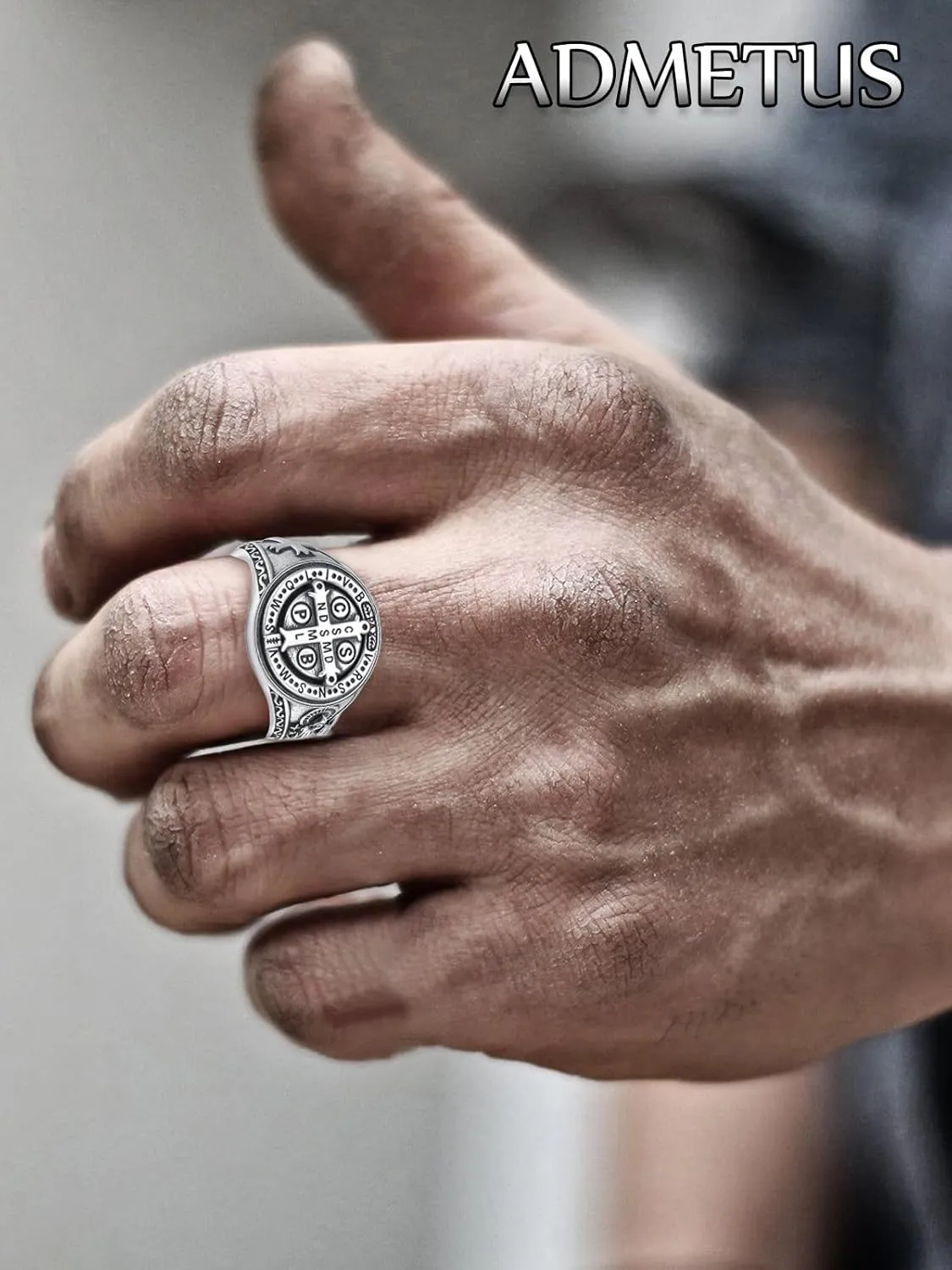 ADMETUS 925 Sterling Silver St Benedict Rings Exorcism Saint Benedict Ring Medalla de San Benito Jewelry Protection Religious Gifts for Men Rings Size 6-15