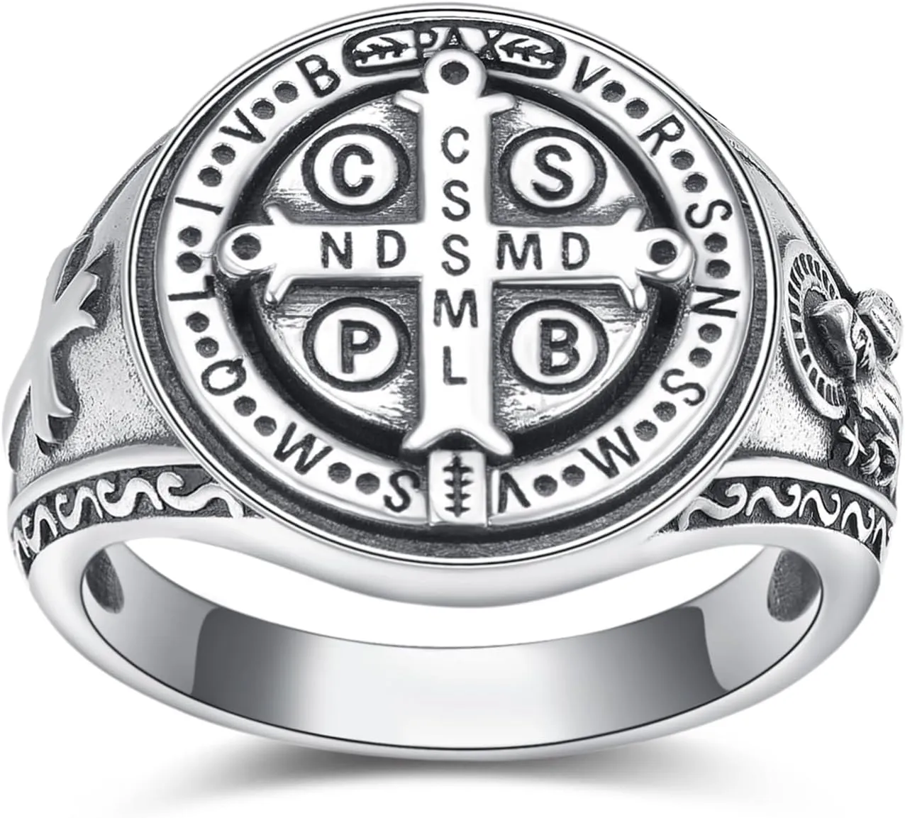 ADMETUS 925 Sterling Silver St Benedict Rings Exorcism Saint Benedict Ring Medalla de San Benito Jewelry Protection Religious Gifts for Men Rings Size 6-15