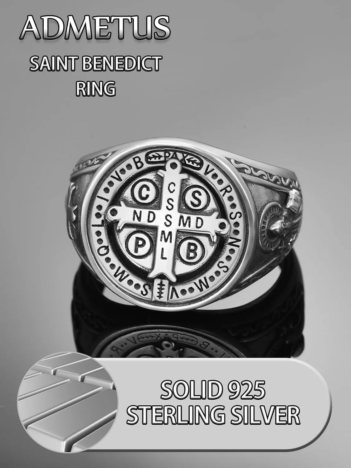 ADMETUS 925 Sterling Silver St Benedict Rings Exorcism Saint Benedict Ring Medalla de San Benito Jewelry Protection Religious Gifts for Men Rings Size 6-15