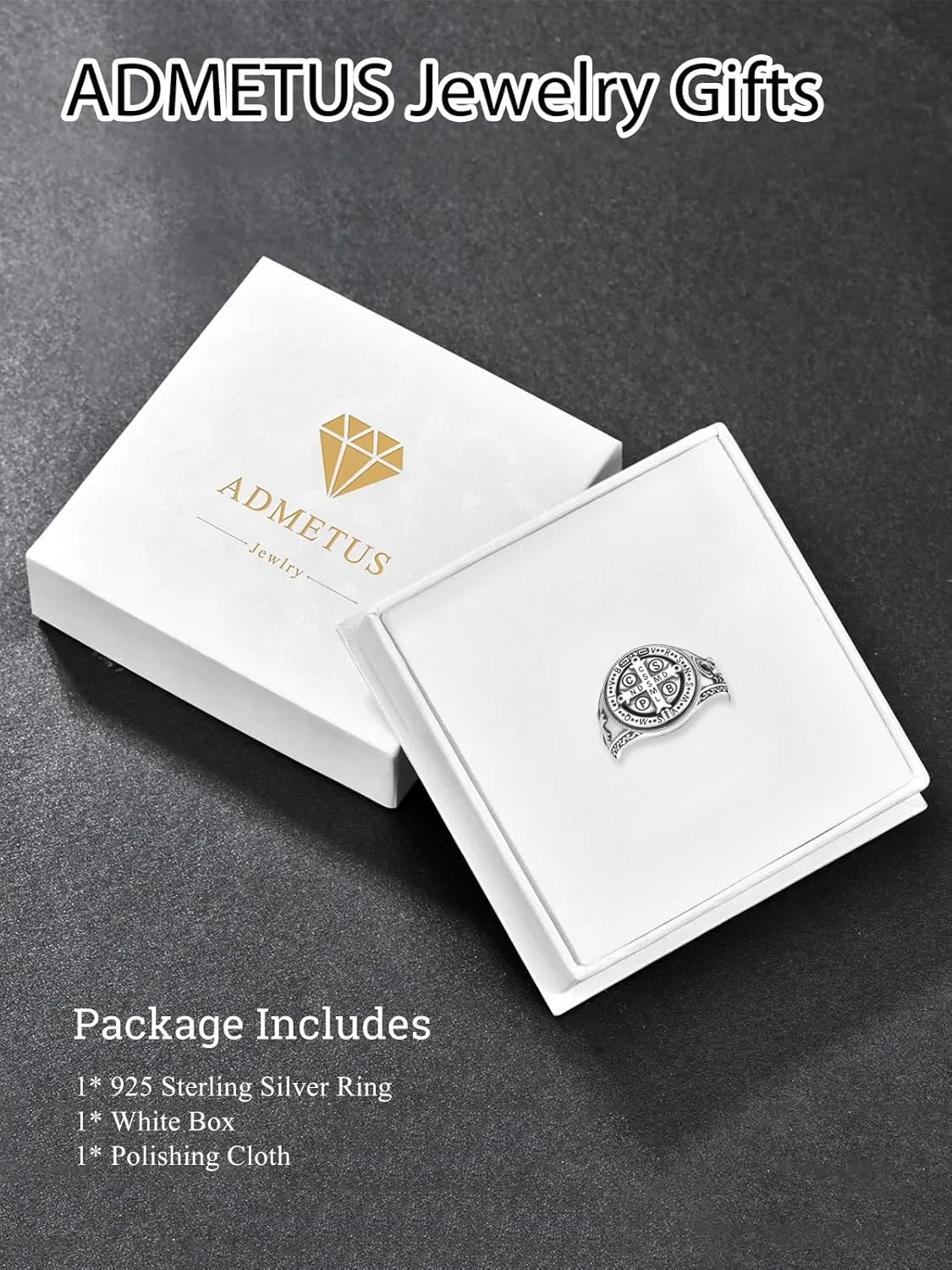 ADMETUS 925 Sterling Silver St Benedict Rings Exorcism Saint Benedict Ring Medalla de San Benito Jewelry Protection Religious Gifts for Men Rings Size 6-15