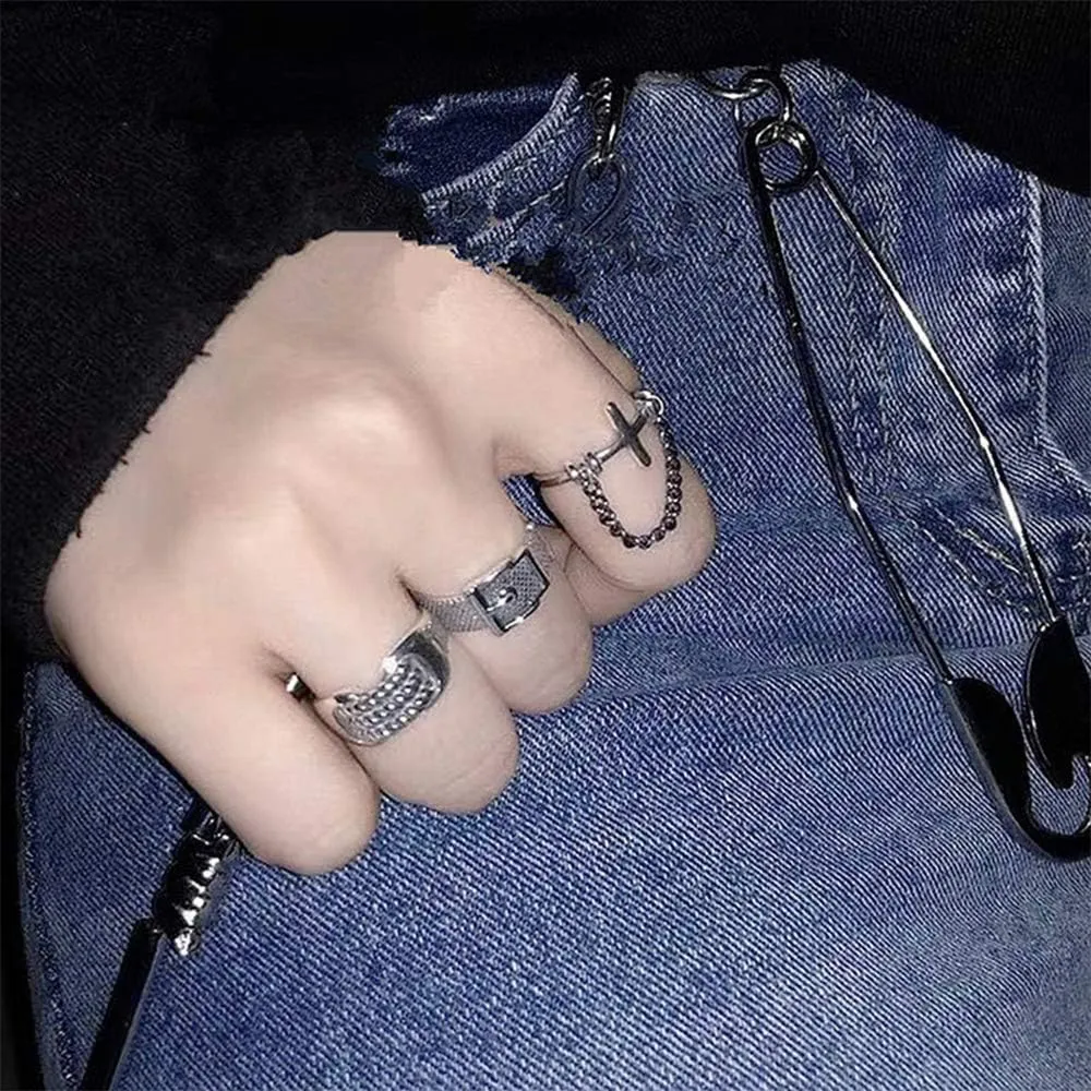 Aimimier Gothic Vintage Ring Set Half Open Cross Chain Belt Finger Ring Punk Stackable Knuckle Ring for Women or Men