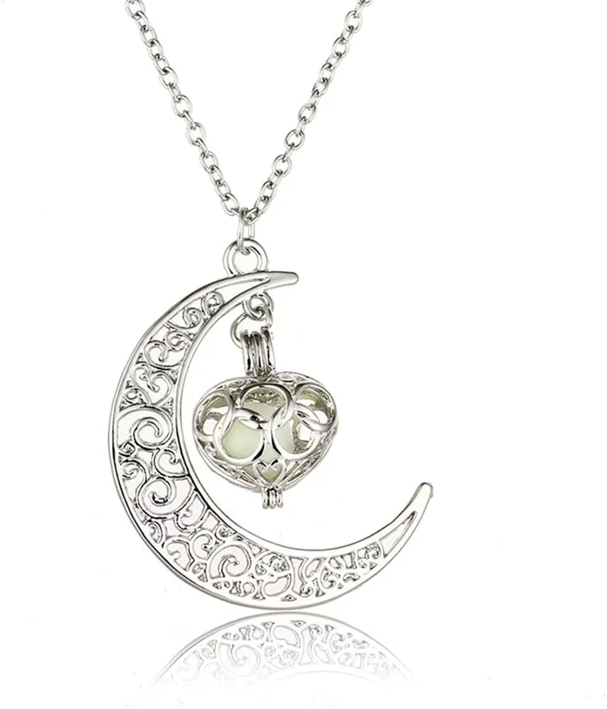 Aimimier Luminous Stone Necklace Moon Heart Pendant Necklace Halloween Fluorescent Necklace Glow in The Dark Accessories for Women