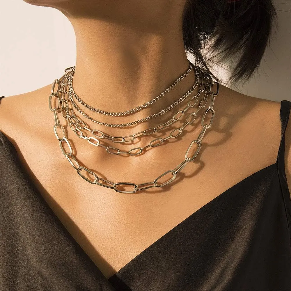 Aimimier Punk Paperclip Link Chain Necklace Layered Chunky Rectangle Chain Choker Necklace Prom Party Festival Necklace for Women