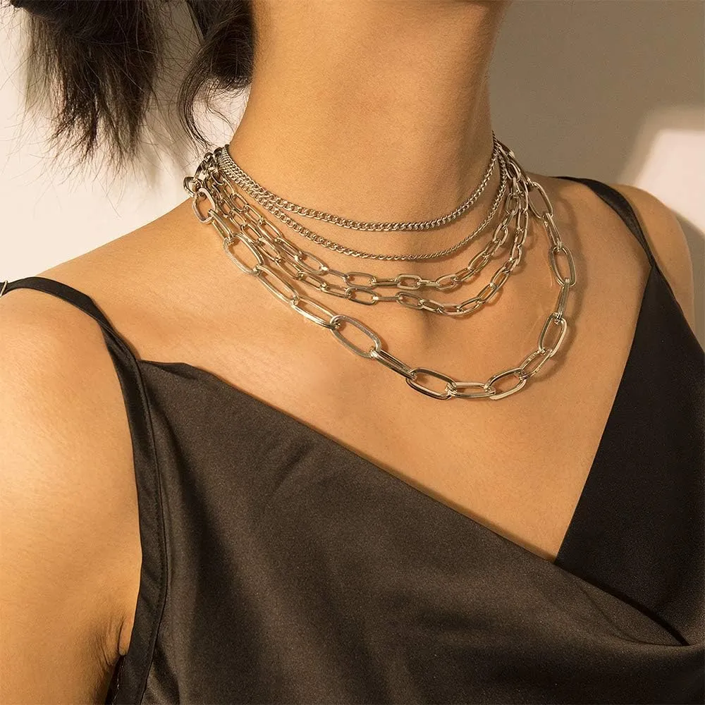 Aimimier Punk Paperclip Link Chain Necklace Layered Chunky Rectangle Chain Choker Necklace Prom Party Festival Necklace for Women