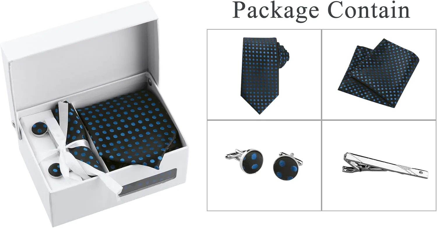 Allegra K Men's Polka Dots Self-tied Tie Handkerchief Clip Cufflinks Wedding Business Necktie Sets