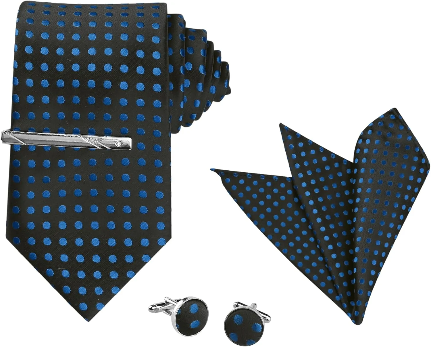 Allegra K Men's Polka Dots Self-tied Tie Handkerchief Clip Cufflinks Wedding Business Necktie Sets
