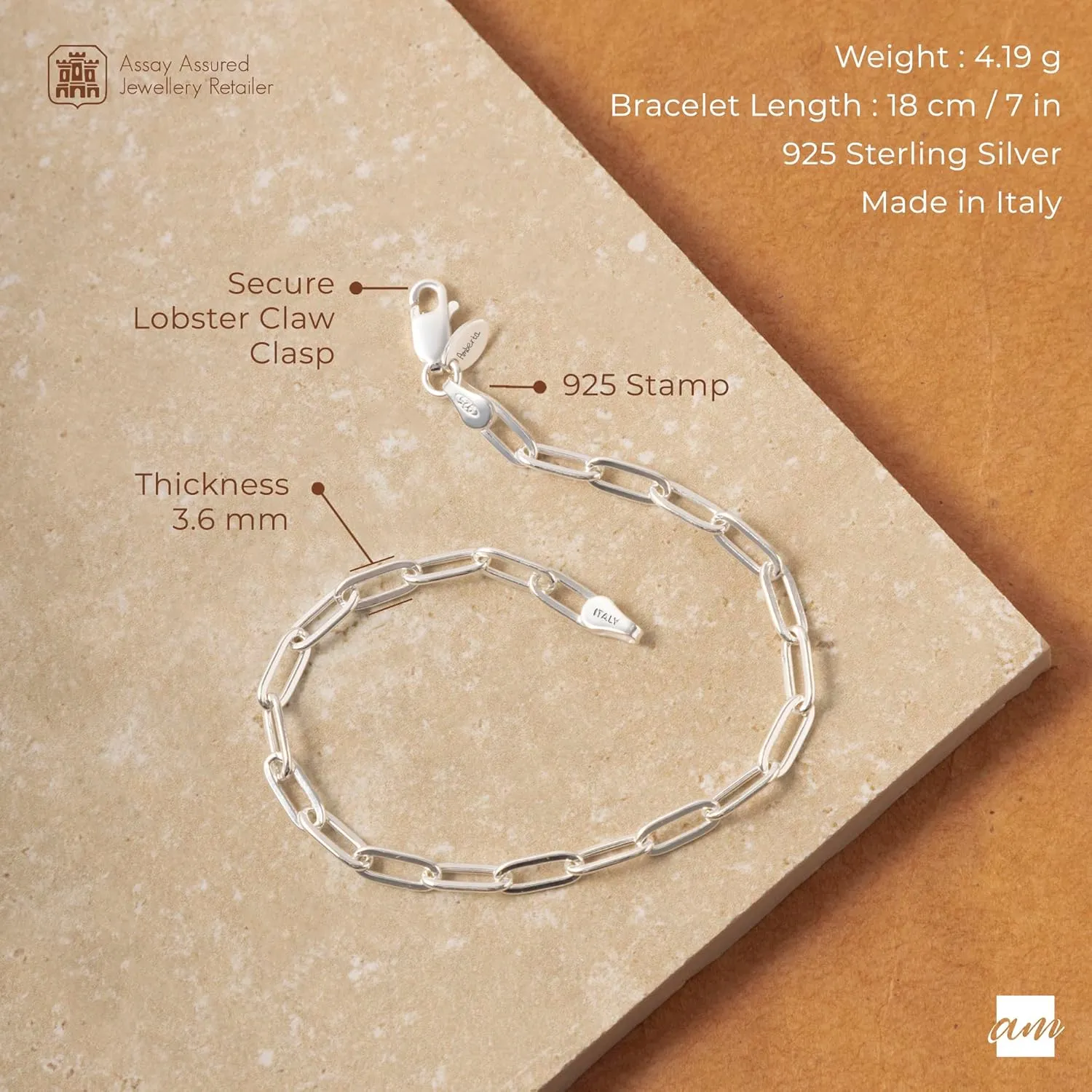 Amberta Solid 925 Sterling Silver Paperclip Bracelet for Women Men | Italian Paperclip Link Chain Bracelet | Silver Link Charm Bracelet 7 8 inch
