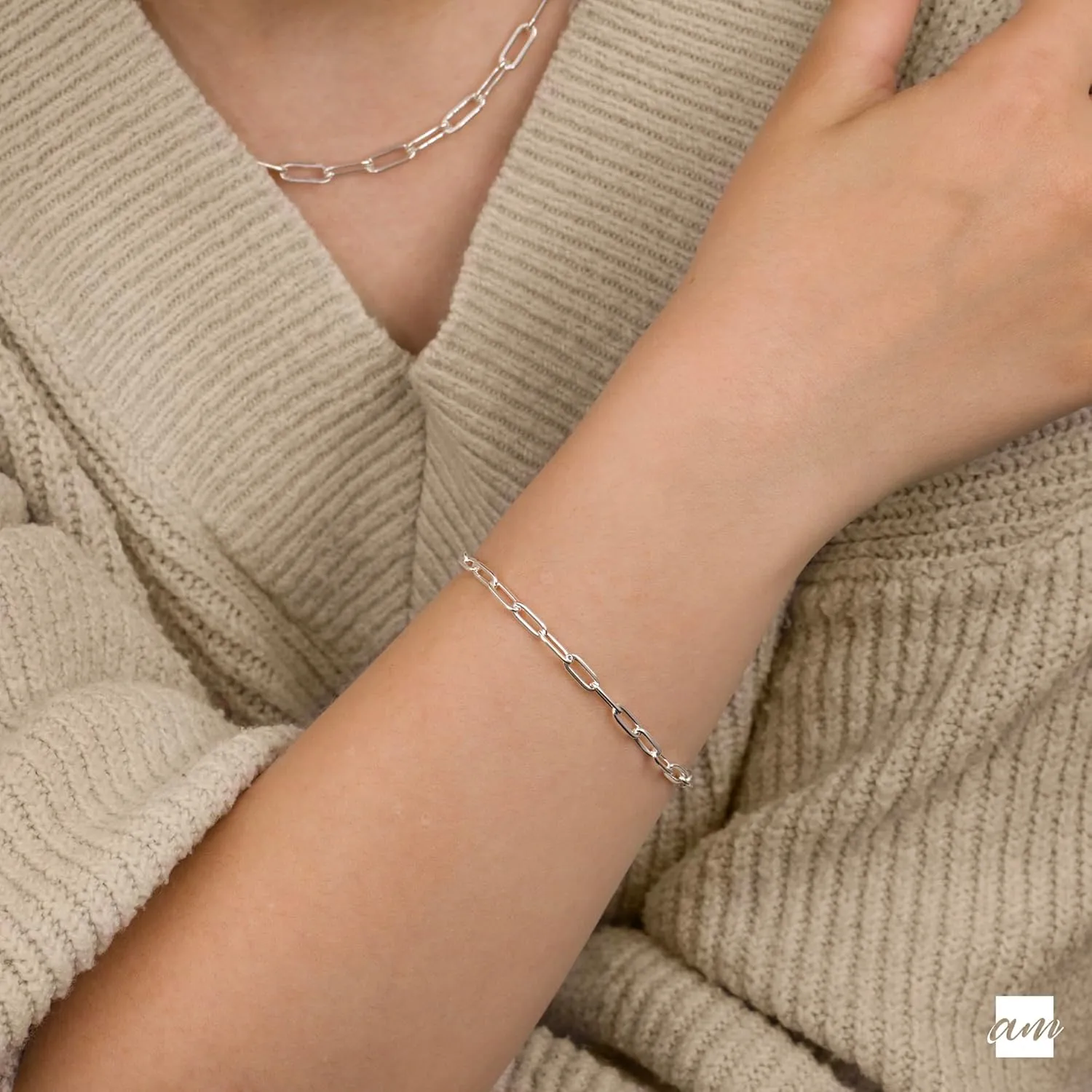 Amberta Solid 925 Sterling Silver Paperclip Bracelet for Women Men | Italian Paperclip Link Chain Bracelet | Silver Link Charm Bracelet 7 8 inch