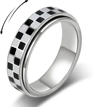 AmorArtSky Checkered Fidget Ring for Adults - 18K Gold Plated Stainless Steel Rotating Spinner Jewelry, Anxiety & Stress Relief Gift for Women/Men (Black and White Pattern)