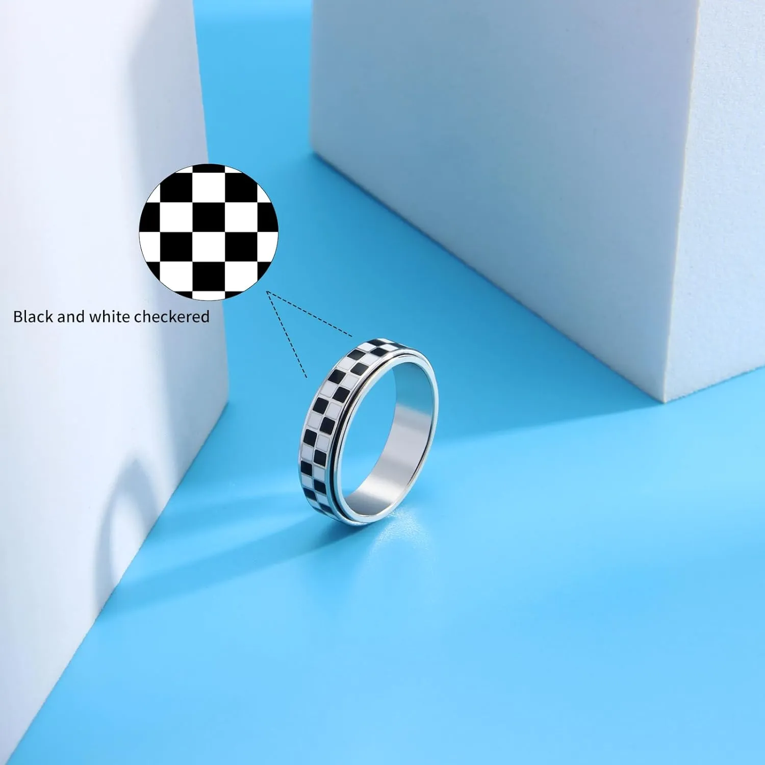 AmorArtSky Checkered Fidget Ring for Adults - 18K Gold Plated Stainless Steel Rotating Spinner Jewelry, Anxiety & Stress Relief Gift for Women/Men (Black and White Pattern)