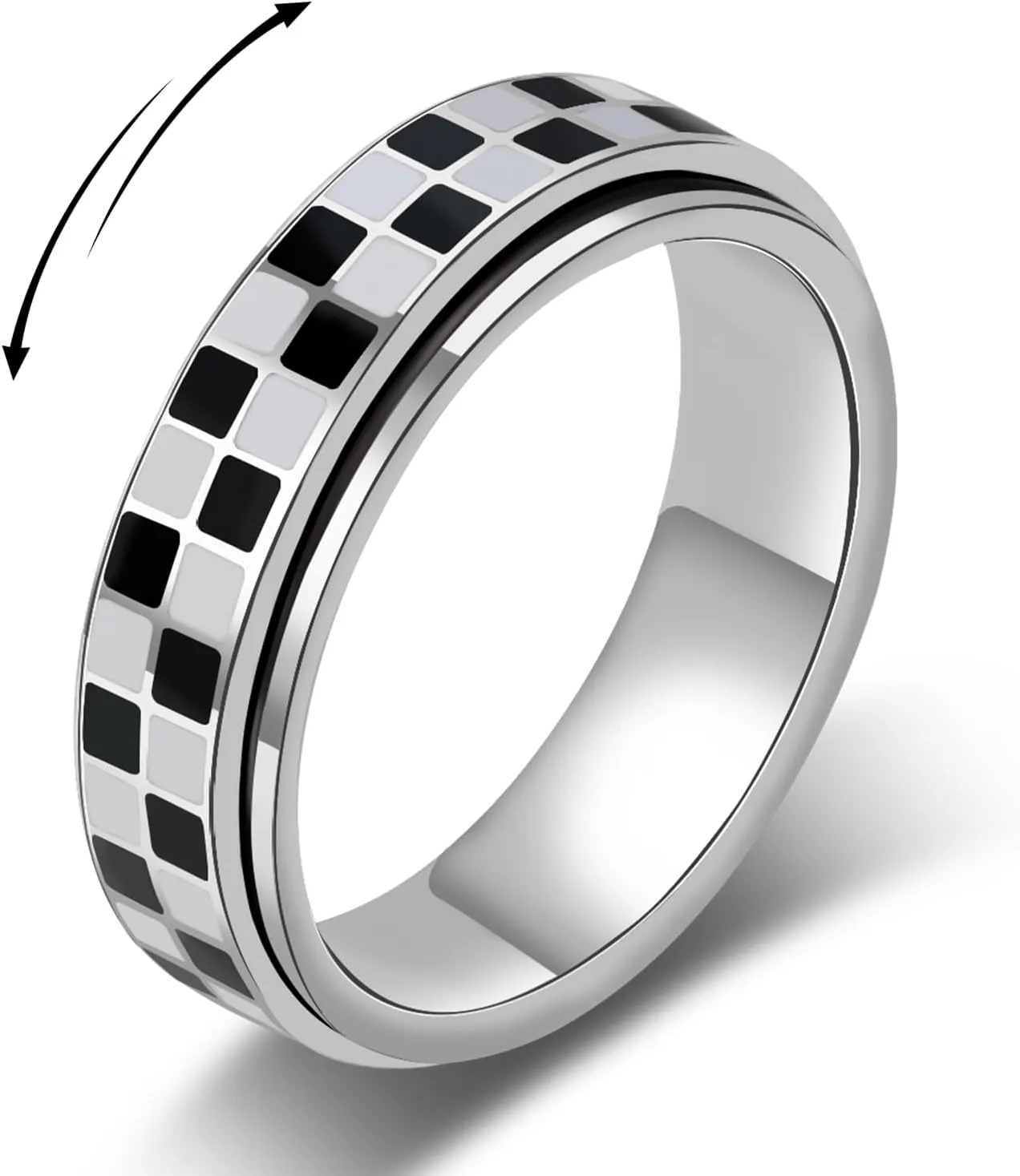 AmorArtSky Checkered Fidget Ring for Adults - 18K Gold Plated Stainless Steel Rotating Spinner Jewelry, Anxiety & Stress Relief Gift for Women/Men (Black and White Pattern)