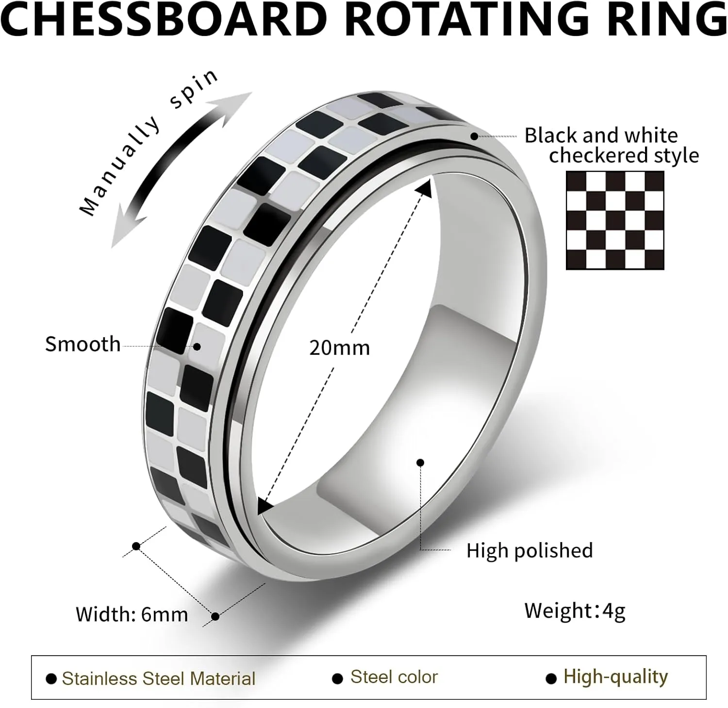 AmorArtSky Checkered Fidget Ring for Adults - 18K Gold Plated Stainless Steel Rotating Spinner Jewelry, Anxiety & Stress Relief Gift for Women/Men (Black and White Pattern)