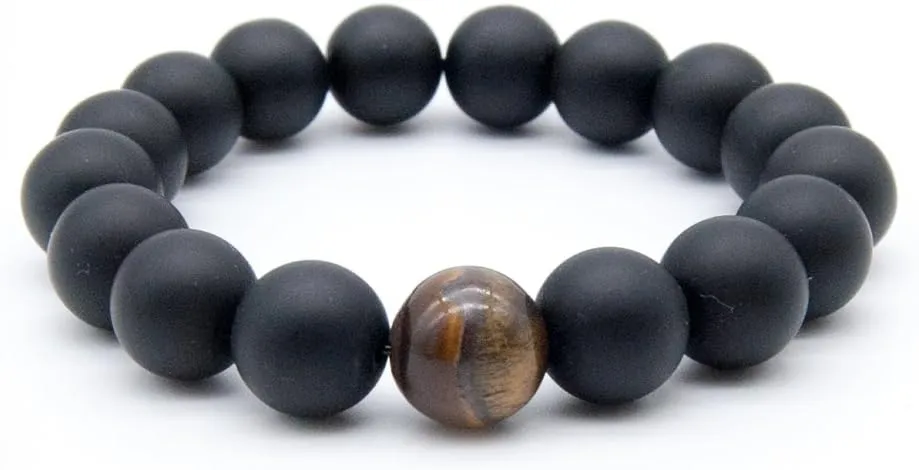 Anbivi Mens Black Matte Agate & 1 Tiger Eye Stone Gemstone Buddha Prayer Beads Healing Energy Elastic Bracelet(12mm)