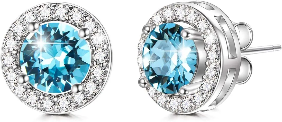 AOBOCO Sterling Silver Halo Earrings with 12 Birthstone Austrian Crystals, Hypoallergenic Stud Earrings for Women, Perfect for Anniversary Birthday Wedding Christmas, Beautiful Jewelry Gift for Her