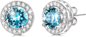 AOBOCO Sterling Silver Halo Earrings with 12 Birthstone Austrian Crystals, Hypoallergenic Stud Earrings for Women, Perfect for Anniversary Birthday Wedding Christmas, Beautiful Jewelry Gift for Her