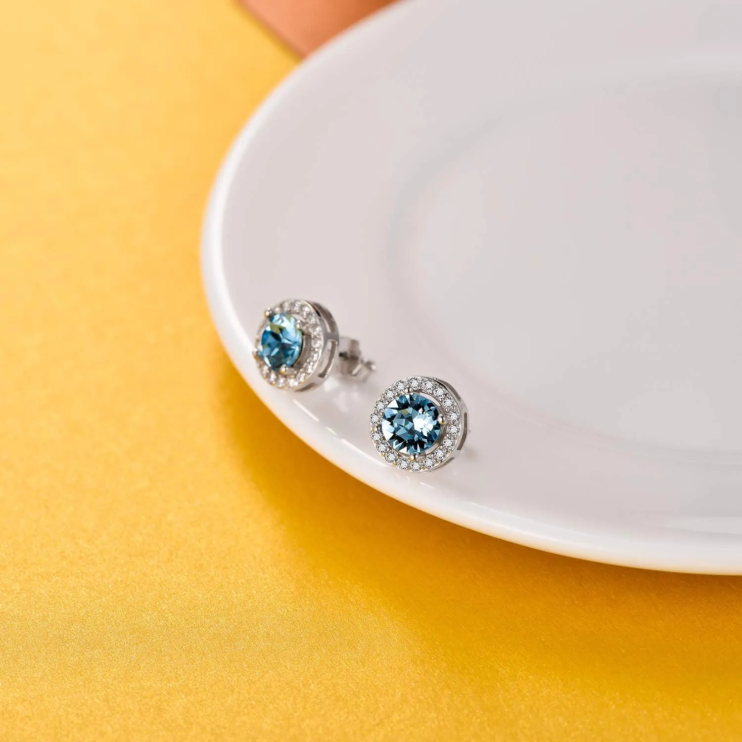 AOBOCO Sterling Silver Halo Earrings with 12 Birthstone Austrian Crystals, Hypoallergenic Stud Earrings for Women, Perfect for Anniversary Birthday Wedding Christmas, Beautiful Jewelry Gift for Her