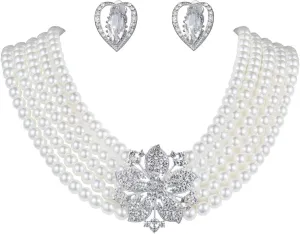 Audrey Hepburn Style Faux Pearl Necklace Set Strand Ear clip or Stud Pin on Earrings for selection Wedding Inspired by Breakfast at Tiffany's for Women LFFJ038