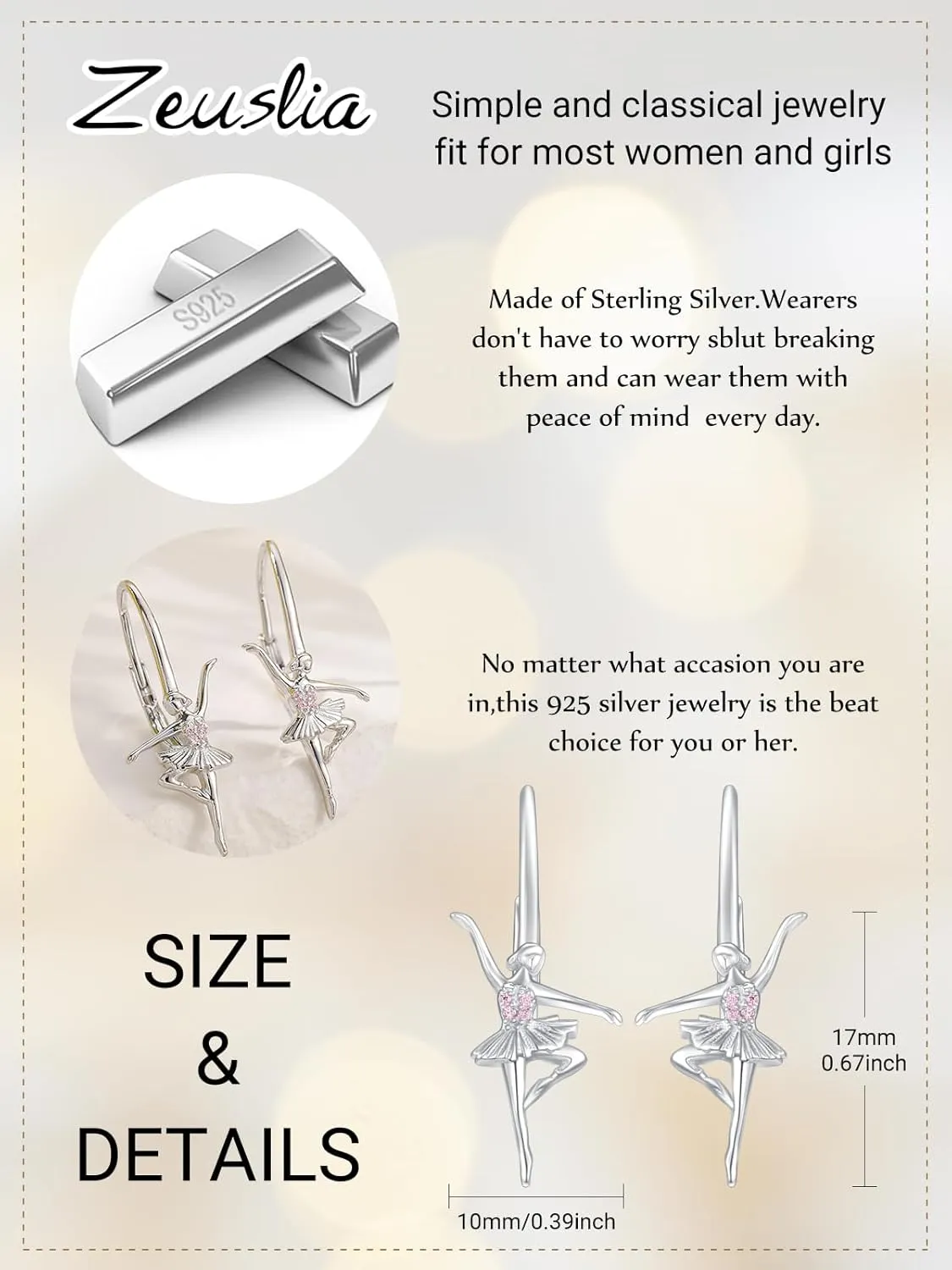 Ballerina Earrings for Women,925 Sterling Silver Hypoallergenic Embellished With Birthstone Crystals,Birthday Jewelry Ballet Recital Themed Dancer Gifts for Women Wife
