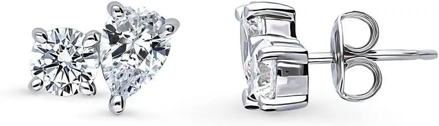 BERRICLE Sterling Silver 2-Stone Cubic Zirconia CZ Fashion Stud Earrings for Women, Rhodium Plated