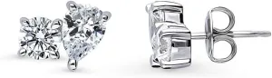 BERRICLE Sterling Silver 2-Stone Cubic Zirconia CZ Fashion Stud Earrings for Women, Rhodium Plated