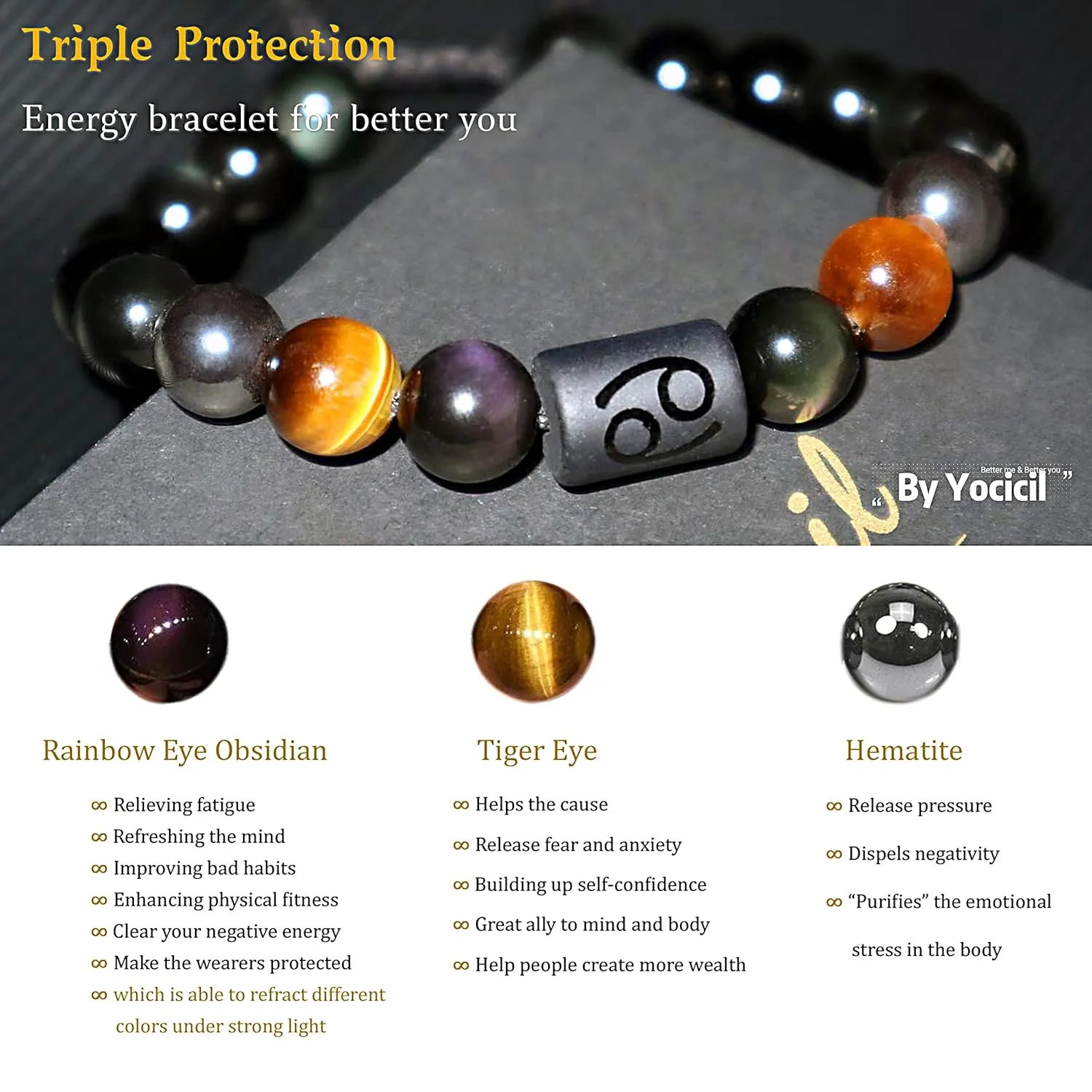 Birthday Gift, Rainbow Black Obsidian Mens Bracelet, Couples Bracelets 10mm Natural Tigers Eye Hematite Bracelet, Zodiac Healing Crystal Bracelet Good Luck Gifts (Taurus gifts)
