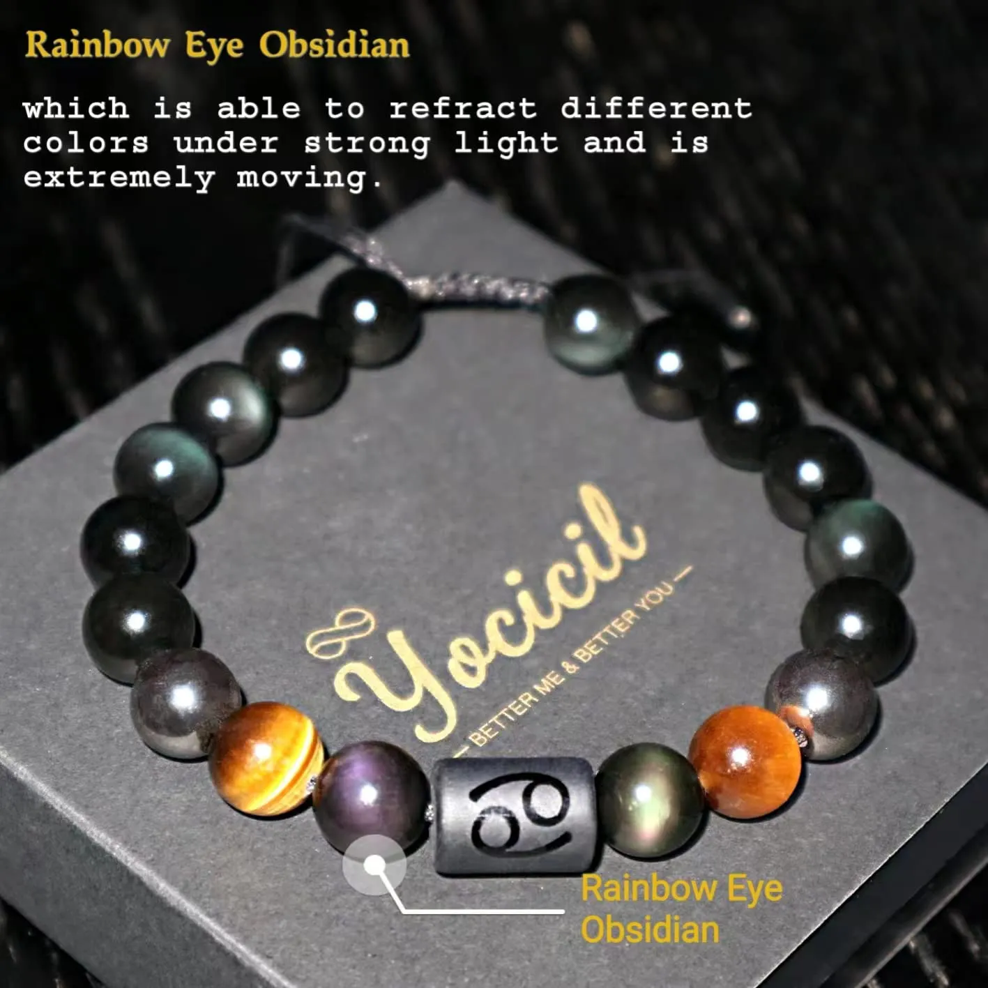Birthday Gift, Rainbow Black Obsidian Mens Bracelet, Couples Bracelets 10mm Natural Tigers Eye Hematite Bracelet, Zodiac Healing Crystal Bracelet Good Luck Gifts (Taurus gifts)
