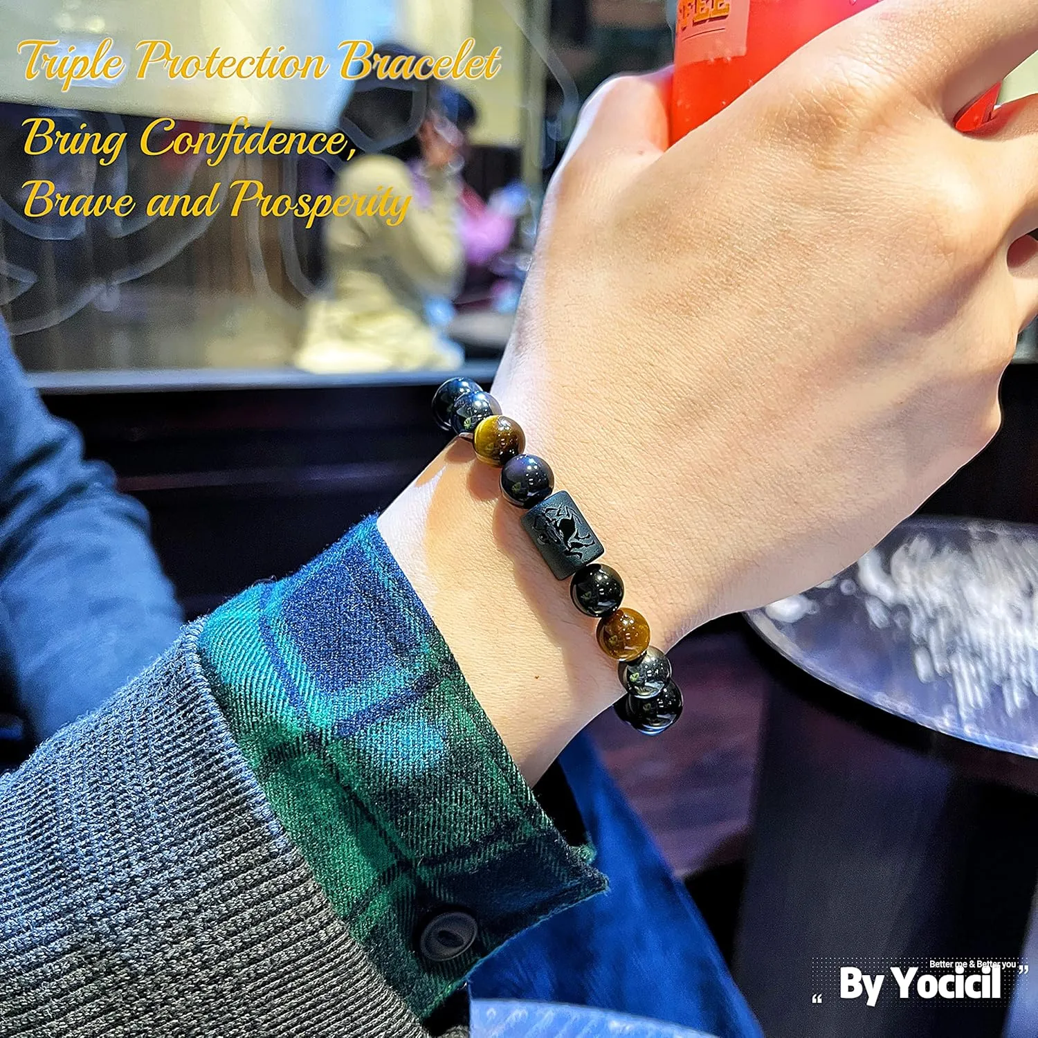 Birthday Gift, Rainbow Black Obsidian Mens Bracelet, Couples Bracelets 10mm Natural Tigers Eye Hematite Bracelet, Zodiac Healing Crystal Bracelet Good Luck Gifts (Taurus gifts)