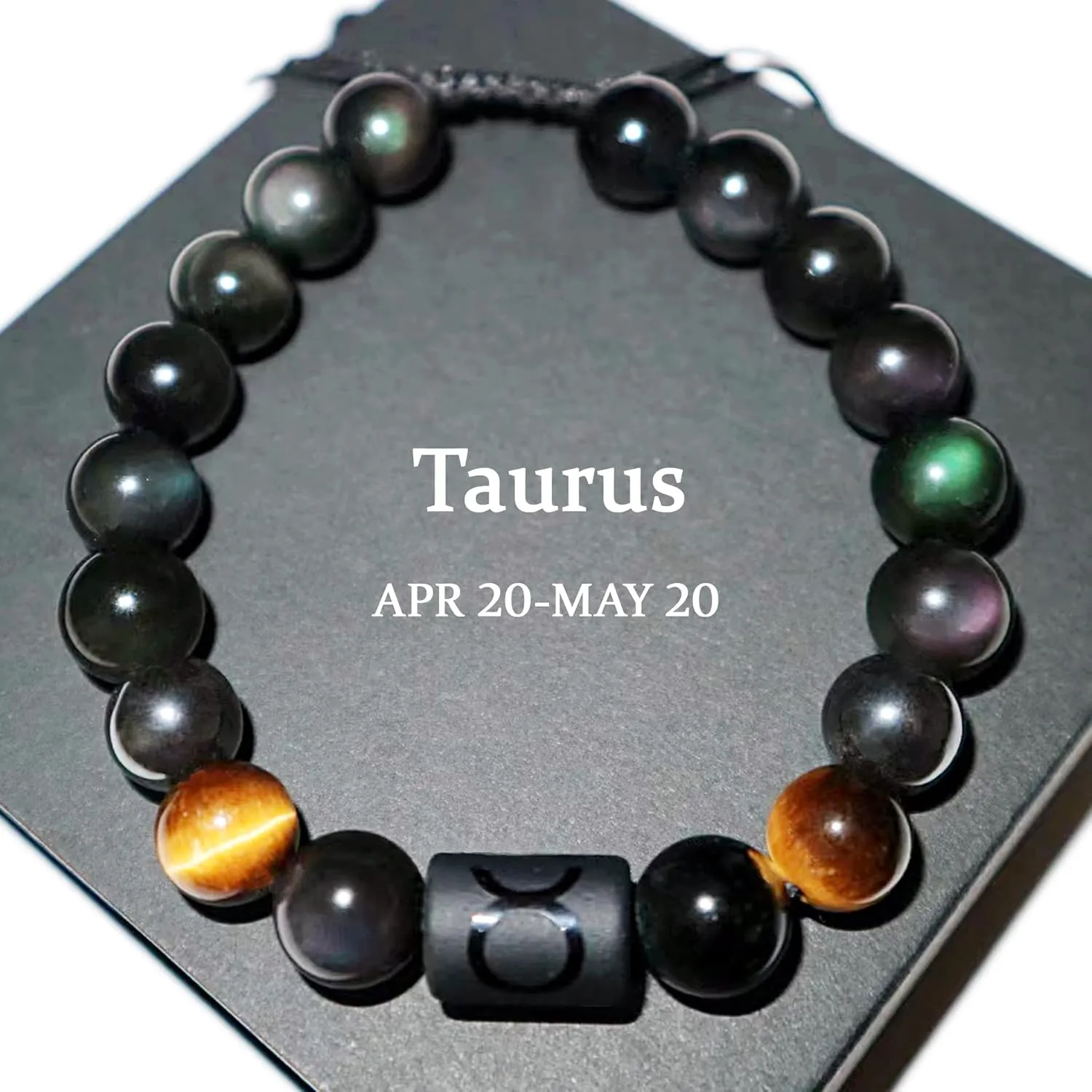 Birthday Gift, Rainbow Black Obsidian Mens Bracelet, Couples Bracelets 10mm Natural Tigers Eye Hematite Bracelet, Zodiac Healing Crystal Bracelet Good Luck Gifts (Taurus gifts)