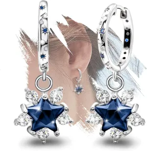 Blue Star Earrings for Women - Sterling Silver Hoop Huggie Earrings Hypoallergenic White Dark Blue Cubic Zirconia Star Moon Sun Earrings Jewelry Gifts for Teen Girls for Christmas