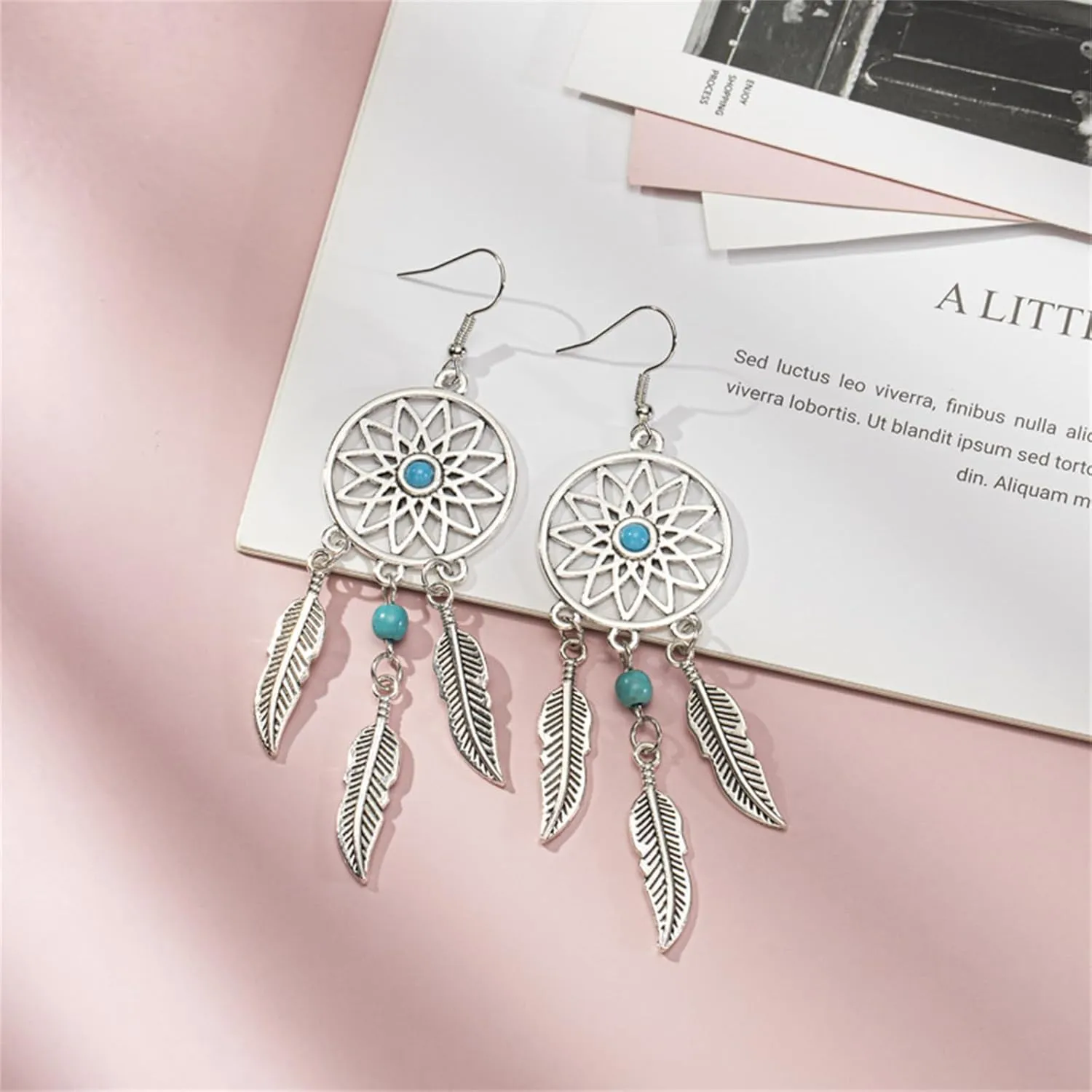 Blue Turquoise Dream Catcher Feather Earrings for Women Vintage Bohemian Western Jewelry Native American Indian Dream Catcher Feather Dangle Earrings