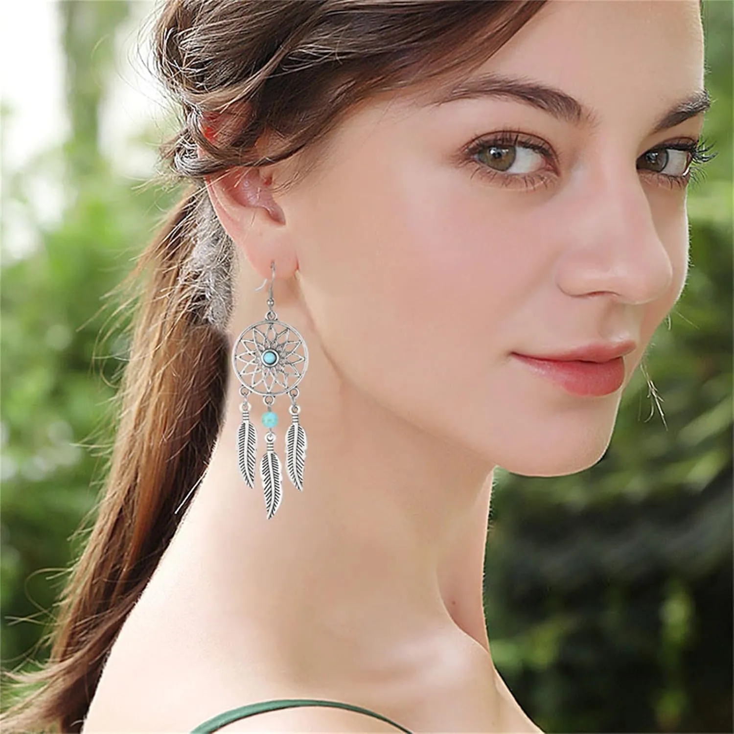 Blue Turquoise Dream Catcher Feather Earrings for Women Vintage Bohemian Western Jewelry Native American Indian Dream Catcher Feather Dangle Earrings