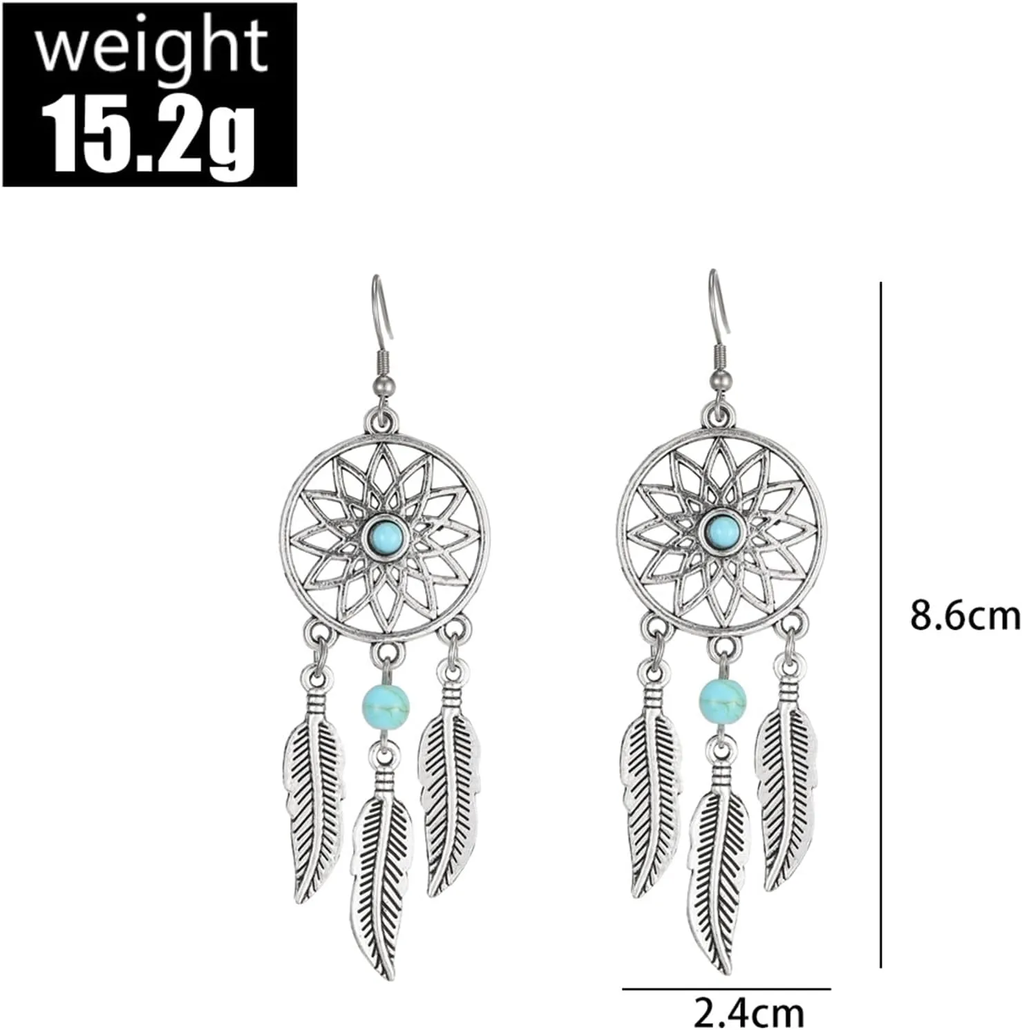 Blue Turquoise Dream Catcher Feather Earrings for Women Vintage Bohemian Western Jewelry Native American Indian Dream Catcher Feather Dangle Earrings