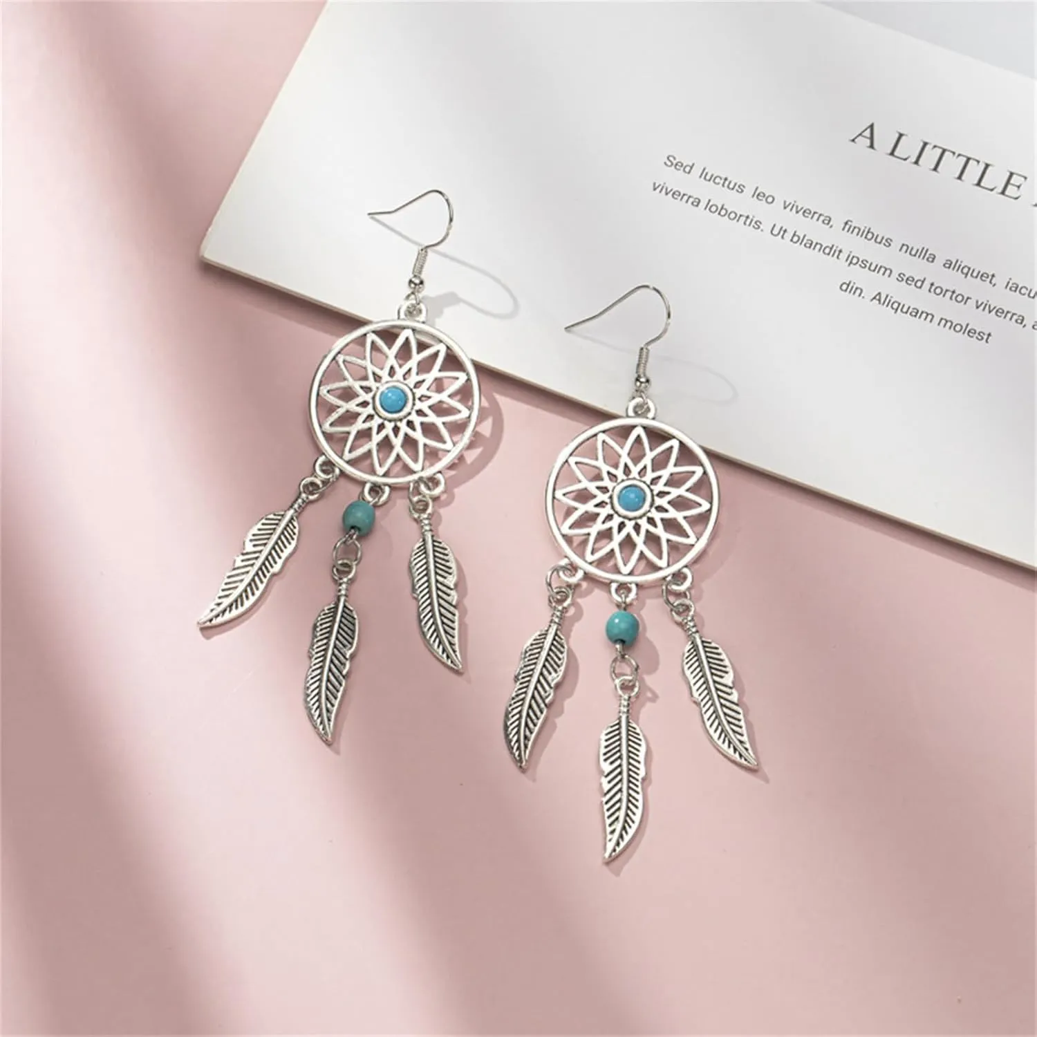 Blue Turquoise Dream Catcher Feather Earrings for Women Vintage Bohemian Western Jewelry Native American Indian Dream Catcher Feather Dangle Earrings