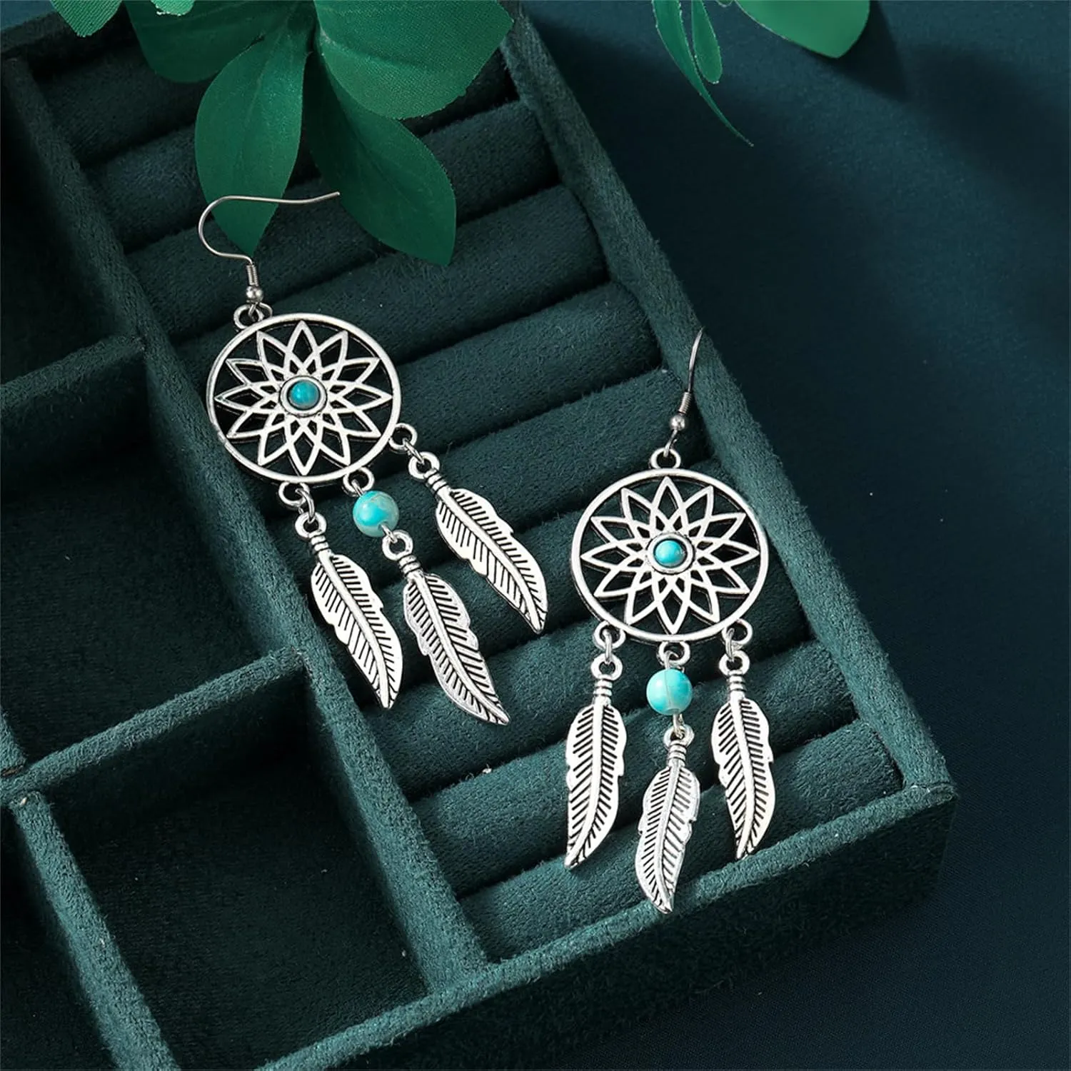 Blue Turquoise Dream Catcher Feather Earrings for Women Vintage Bohemian Western Jewelry Native American Indian Dream Catcher Feather Dangle Earrings