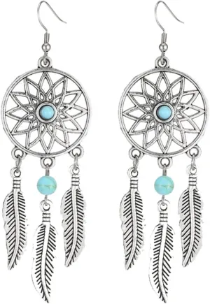 Blue Turquoise Dream Catcher Feather Earrings for Women Vintage Bohemian Western Jewelry Native American Indian Dream Catcher Feather Dangle Earrings