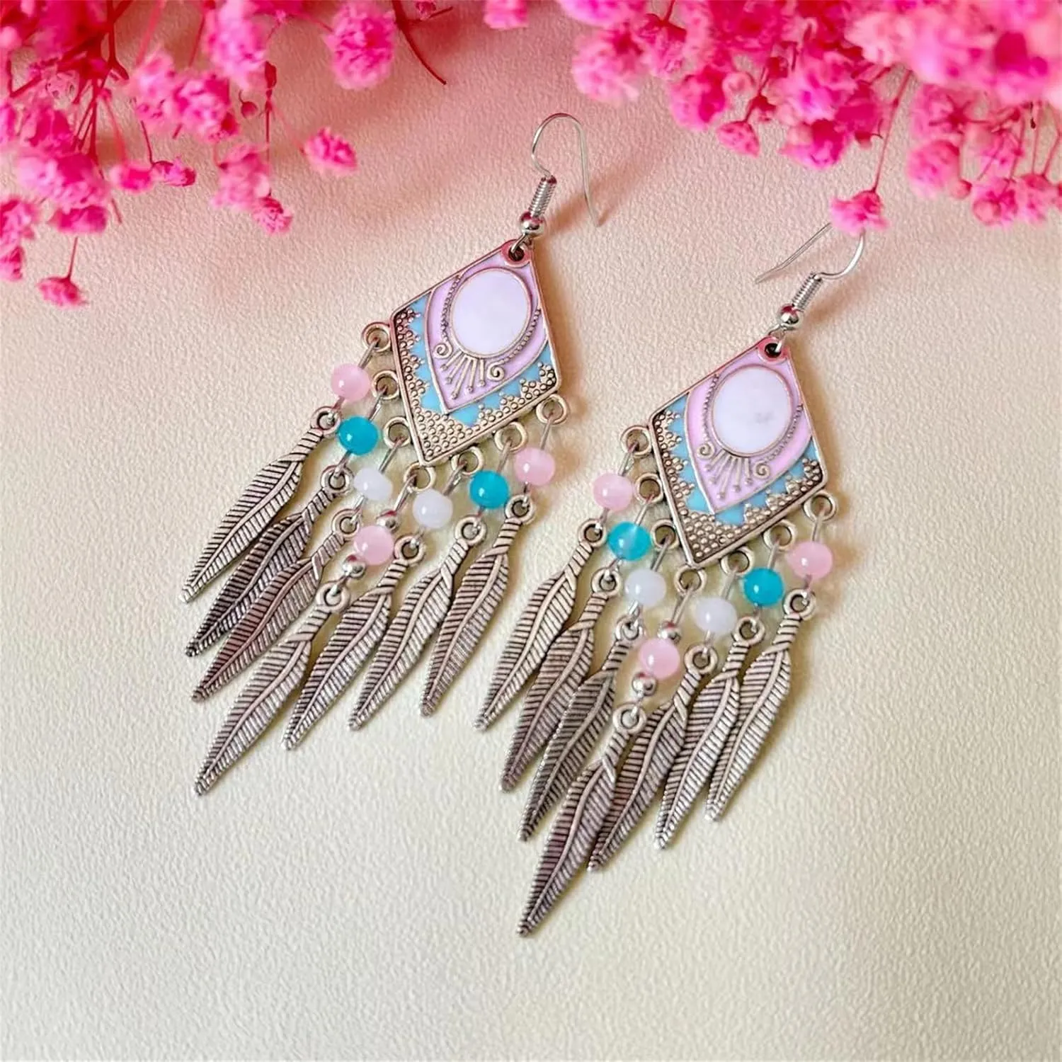 Blue Turquoise Dream Catcher Feather Earrings for Women Vintage Bohemian Western Jewelry Native American Indian Dream Catcher Feather Dangle Earrings