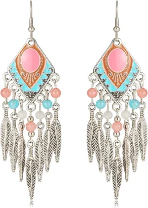 Blue Turquoise Dream Catcher Feather Earrings for Women Vintage Bohemian Western Jewelry Native American Indian Dream Catcher Feather Dangle Earrings