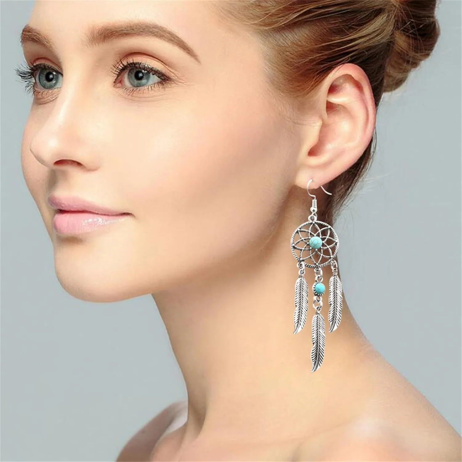 Blue Turquoise Dream Catcher Feather Earrings for Women Vintage Bohemian Western Jewelry Native American Indian Dream Catcher Feather Dangle Earrings