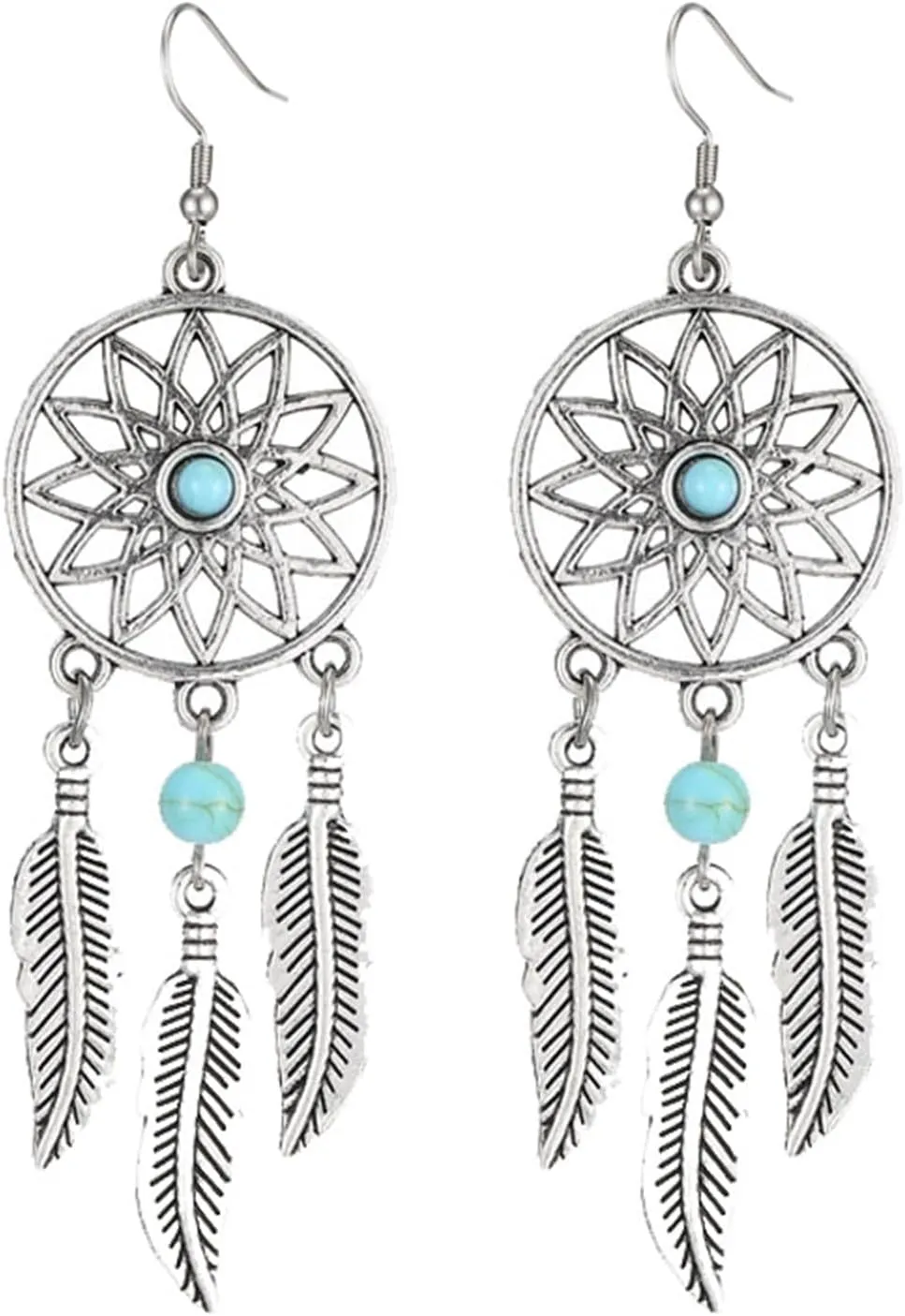 Blue Turquoise Dream Catcher Feather Earrings for Women Vintage Bohemian Western Jewelry Native American Indian Dream Catcher Feather Dangle Earrings