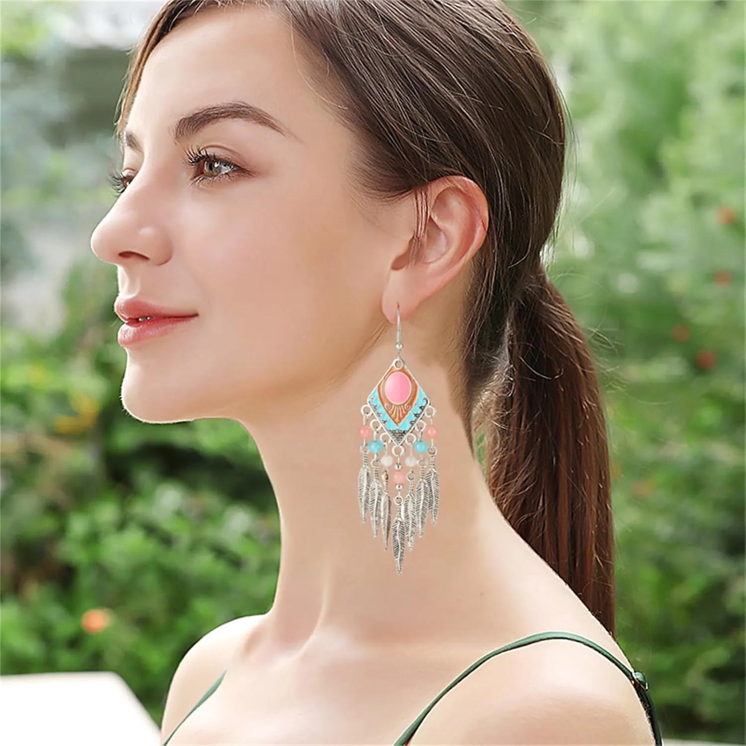 Blue Turquoise Dream Catcher Feather Earrings for Women Vintage Bohemian Western Jewelry Native American Indian Dream Catcher Feather Dangle Earrings