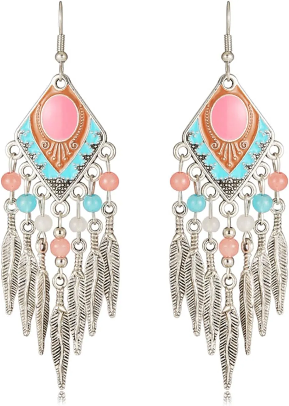 Blue Turquoise Dream Catcher Feather Earrings for Women Vintage Bohemian Western Jewelry Native American Indian Dream Catcher Feather Dangle Earrings