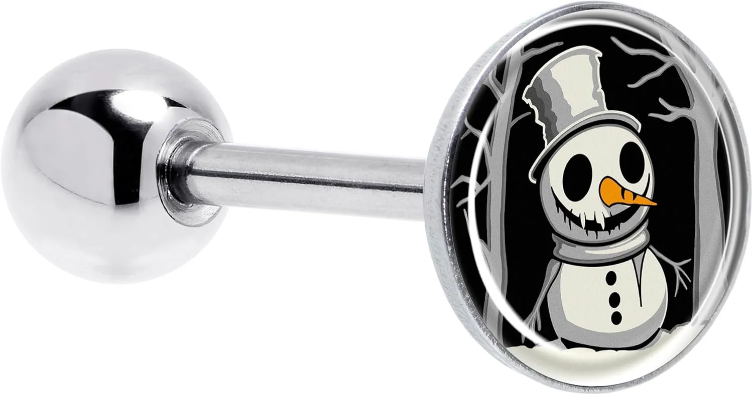 Body Candy 14G Christmas Tongue Ring - 316L Steel Straight Barbell Winter Holiday Spooky Snowman Tongue Piercing for Women Men