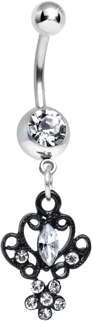 Body Candy Clear Black Brussels Lace and Flower Dangle Belly Ring