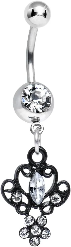 Body Candy Clear Black Brussels Lace and Flower Dangle Belly Ring