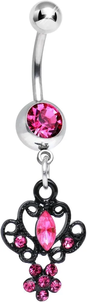 Body Candy Pink Black Brussels Lace and Flower Dangle Belly Ring