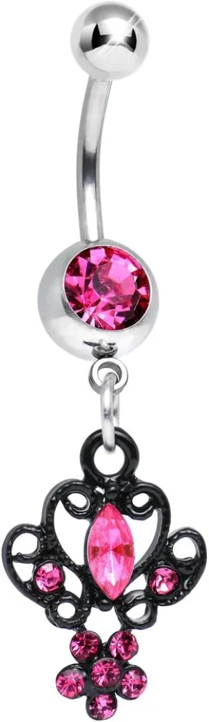 Body Candy Pink Black Brussels Lace and Flower Dangle Belly Ring