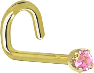 Body Candy Solid 14k Yellow Gold 2mm Pink Cubic Zirconia Left Nose Stud Screw 20 Gauge 1/4"