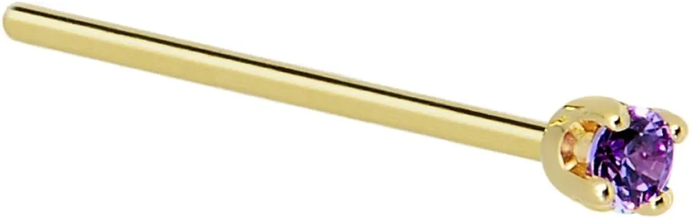 Body Candy Solid 14k Yellow Gold 2mm Purple Cubic Zirconia Straight Fishtail Nose Stud Ring 20 Gauge 17mm